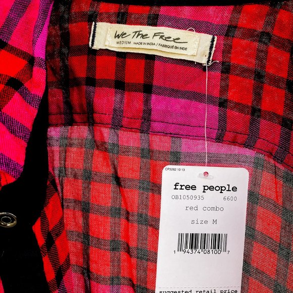 New Free People "Pacific Dawn" Medium Red Plaid Button up Top - Picture 8 of 12